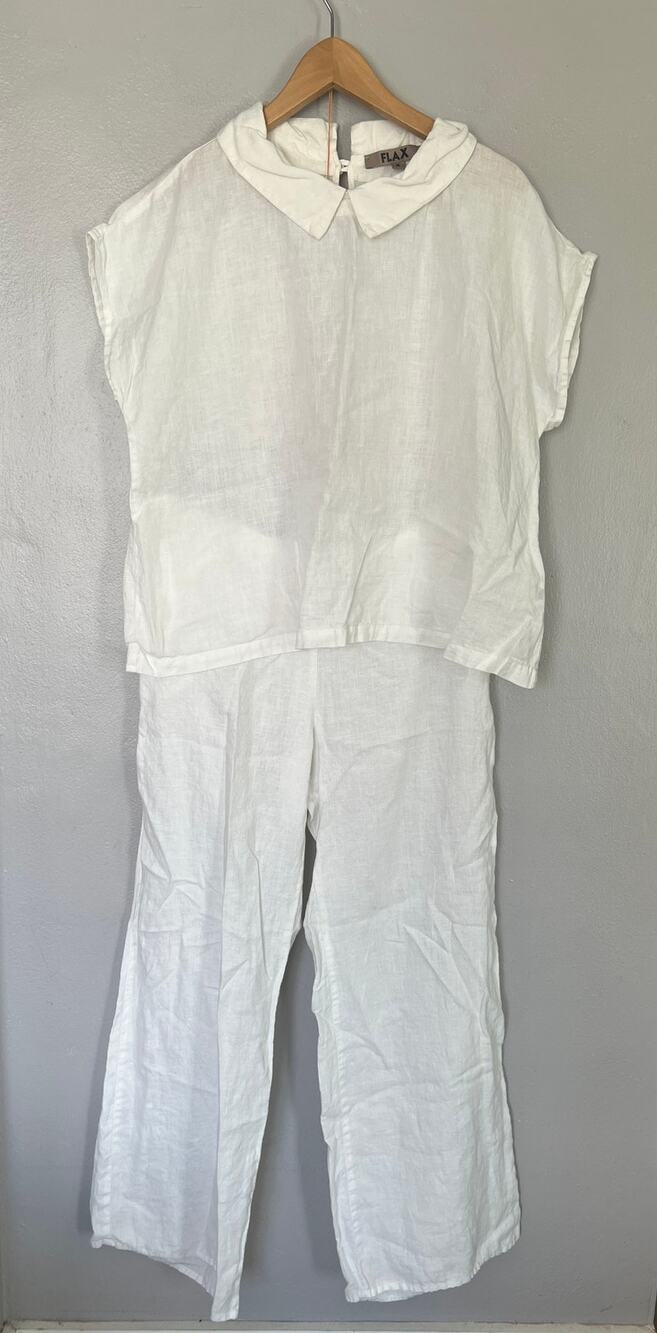 Flax 100% Linen Two Piece Set Long Pants Top Women's Sz S White Woven Lagenlook